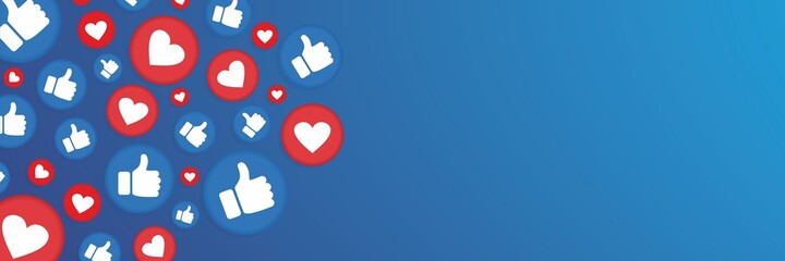 Likes ant thumbs up on social media. Banner with copy space. Vector illustration. EPS10. - obrazy, fototapety, plakaty