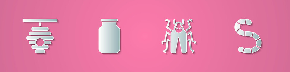 Set paper cut Hive for bees, Glass jar, Beetle bug and Worm icon. Paper art style. Vector