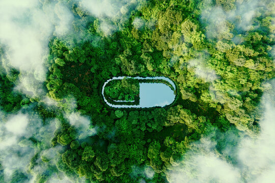 A pill-shaped water surface in the middle of lush nature serving as a metaphor for alternative healing and nature-based medicines. 3d rendering.