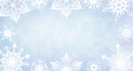 White snowflakes texture on the blue winter background for card design. Frame. Luxury background for flyer, poster, banner, holiday, party, decoration. Merry Christmas. Snowfall. Christmas template. 