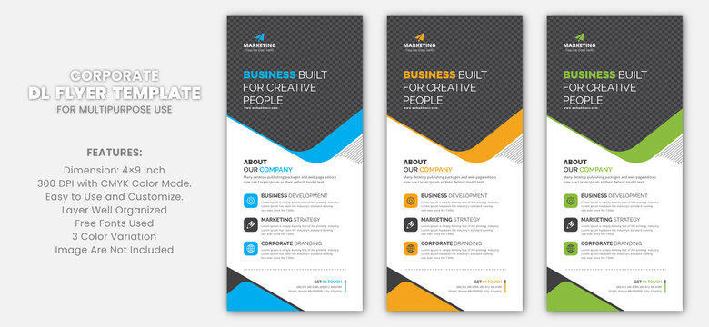 Professional Unique Corporate DL Flyer Rack Card Template for Multipurpose Use with Blue, Yellow, and Green Color Variations