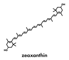 Zeaxanthin yellow pigment molecule. Responsible for color of bell peppers, corn, saffron, etc. Also plays important role in human eye (in the macula). Skeletal formula.
