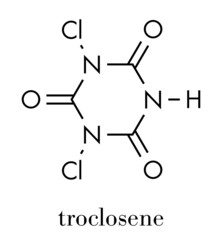 Troclosene (dichloroisocyanuric acid) molecule. Used as disinfectant, deodorant, biocide, detergent and in water purification. Skeletal formula.