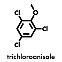 Trichloroanisole (TCA) cork taint molecule. Produced by fungi and bacteria, responsible for cork taint in bottled wine. Skeletal formula.