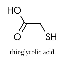 Thioglycolic acid (TGA) molecule. Used in chemical depilation and for making permanent waves (perms) in hair. The latter involves the ammonium thioglycolate form. Skeletal formula.