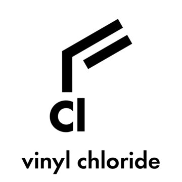Vinyl chloride, polyvinyl chloride (PVC) plastic building block. Skeletal formula.