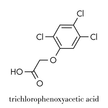2,4,5-trichlorophenoxyacetic acid (2,4,5-T) herbicide molecule. Ingredient of Agent Orange. Skeletal formula.