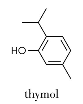 Thymol oil of thyme molecule. Present in kitchen herb Thymus vulgaris. Has antiseptic and preservative properties. Skeletal formula.