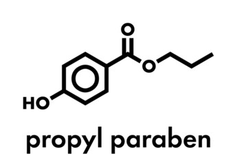 Propyl paraben preservative molecule. Used in food and cosmetics. Skeletal formula.