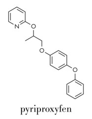 Pyriproxyfen pesticide molecule. Juvenile hormone analogue that prevents larvae from developing. Skeletal formula.