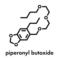 Piperonyl butoxide (PBO) pesticide synergist molecule. Increases potency of insecticides by inhibiting breakdown by cytochrome P450. Skeletal formula.