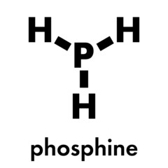 Phosphine (phosphane, PH3) molecule. Used as reagent in chemistry and as fumigant in agriculture. Skeletal formula.
