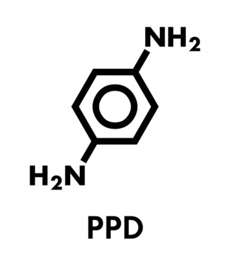 p-Phenylenediamine (PPD) hair dye molecule. Also precursor in polymer synthesis. Known contact allergen, possibly carcinogenic. Skeletal formula.
