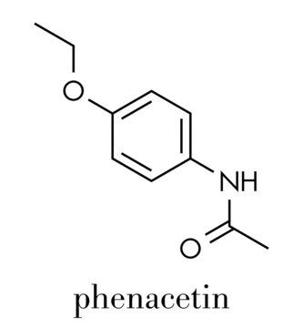 Phenacetin banned painkiller drug. Found to cause cancer and kidney damage. Skeletal formula.