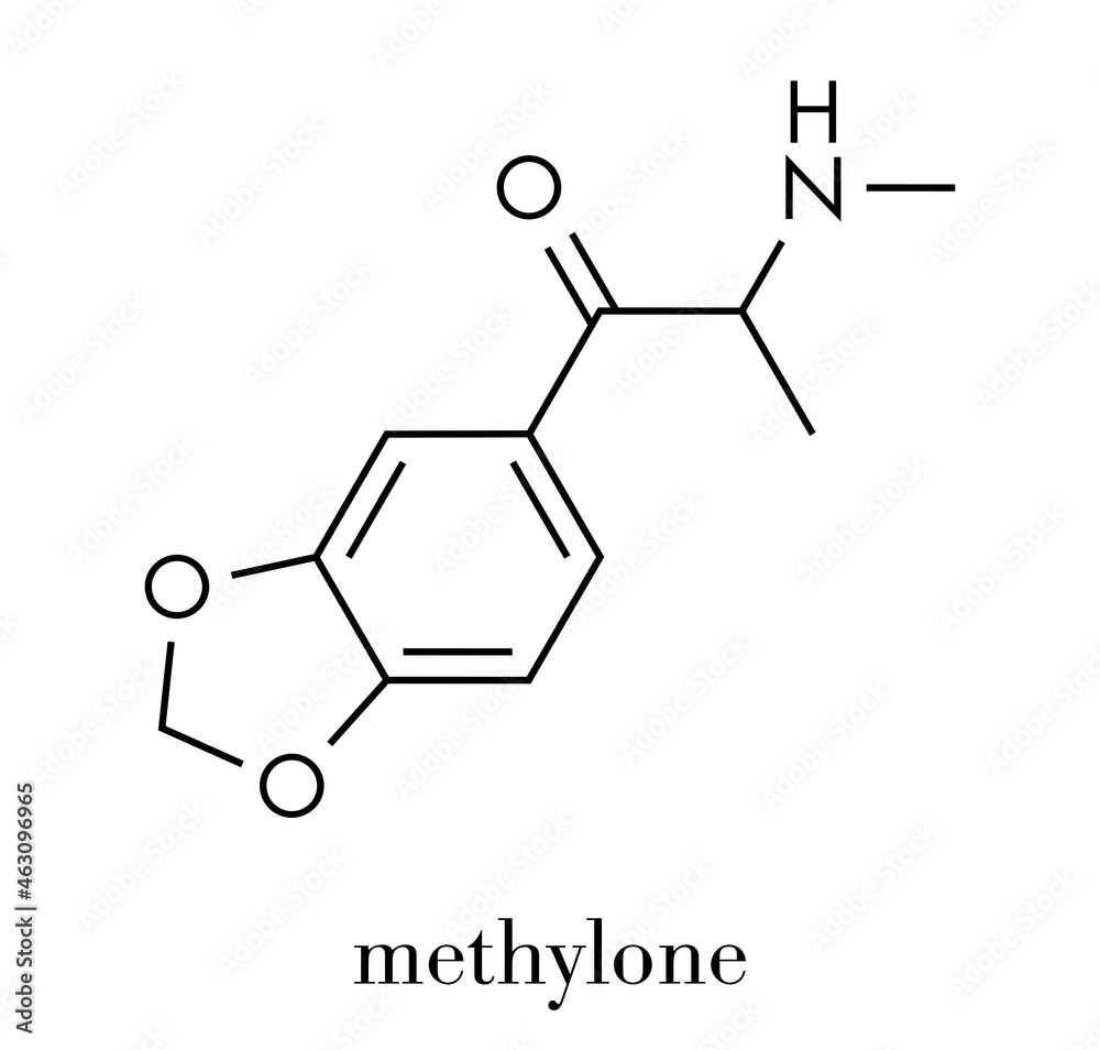 Poster methylone (bk-mdma) stimulant molecule. used as recreational drug. skeletal formula.