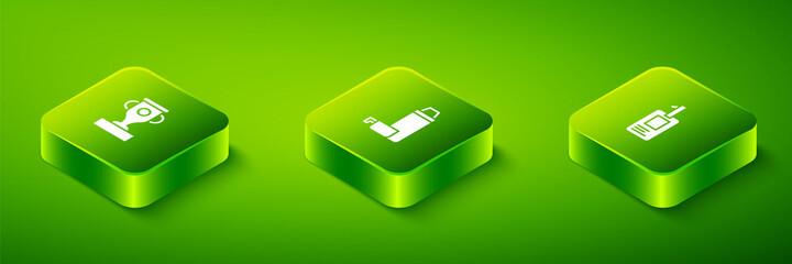 Set Isometric Thermos container, Identification badge and Award cup icon. Vector