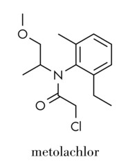 Metolachlor herbicide (weed killer) molecule. Skeletal formula.