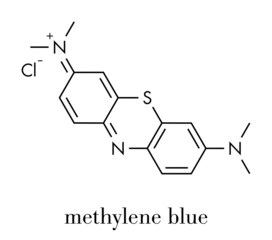 Methylene blue (methylthionium chloride) dye molecule. Skeletal formula.