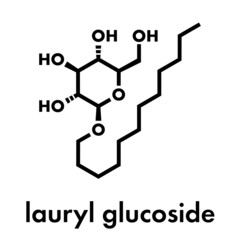 Lauryl glucoside (dodecyl glucoside) non-ionic surfactant molecule. Mild detergent, often used in cosmetics, shampoos, etc. Glycoside produced from lauryl alcohol and glucose. Skeletal formula.