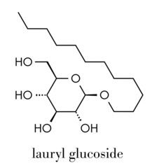 Fototapeta premium Lauryl glucoside (dodecyl glucoside) non-ionic surfactant molecule. Mild detergent, often used in cosmetics, shampoos, etc. Glycoside produced from lauryl alcohol and glucose. Skeletal formula.