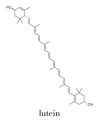 Lutein yellow-orange plant pigment molecule. Used as food and feed additive but also naturally present in many vegetables. Skeletal formula.