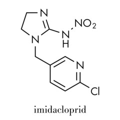 Imidacloprid neonicotinoid insecticide. Insect neurotoxin that may contribute to honey bee colony collapse disorder. Skeletal formula.