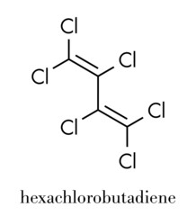 Hexachlorobutadiene (HBCD) solvent molecule. Also used as algicide and herbicide. Skeletal formula.