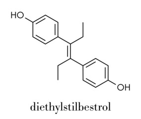 Diethylstilbestrol (DES, stilboestrol) synthetic estrogen molecule, chemical structure. Skeletal formula.
