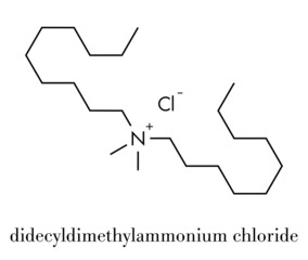 Didecyldimethylammonium chloride antiseptic molecule. Biocidal disinfectant, active against bacteria and fungi. Skeletal formula.