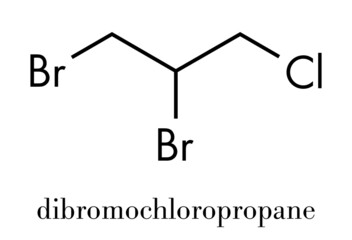Dibromochloropropane (DBCP) soil fumigant molecule. Nematicide used in agriculture. Skeletal formula.