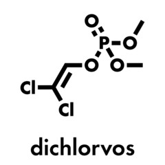 Dichlorvos organophosphate insecticide molecule. Neurotoxin pesticide that blocks the acetylcholinesterase enzyme. Skeletal formula.
