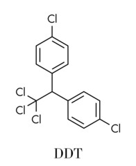 DDT (dichlorodiphenyltrichloroethane) molecule. Controversial pesticide, used in agriculture and for malaria disease vector control. Skeletal formula.