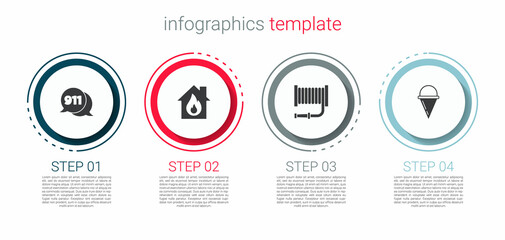 Set Telephone call 911, Fire in burning house, hose reel and cone bucket. Business infographic template. Vector