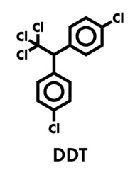 DDT (dichlorodiphenyltrichloroethane) molecule. Controversial pesticide, used in agriculture and for malaria disease vector control. Skeletal formula.