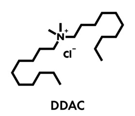 Didecyldimethylammonium chloride antiseptic molecule. Biocidal disinfectant, active against bacteria and fungi. Skeletal formula.
