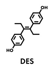 Diethylstilbestrol (DES, stilboestrol) synthetic estrogen molecule, chemical structure. Skeletal formula.