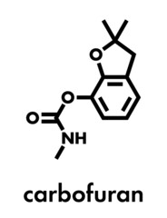 Carbofuran carbamate pesticide molecule. Insecticide that is also highly toxic to humans and wildlife. Skeletal formula.