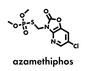 Azamethiphos pesticide molecule. Used in flypaper, veterinary medicine, etc. Skeletal formula.