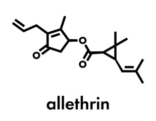 Allethrin pyrethroid insecticide. Synthetic analog of chrysanthemum flower chemical. Often used against mosquitos. Skeletal formula.