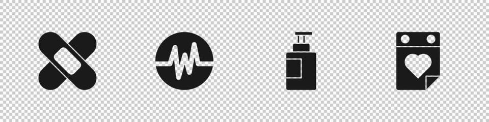 Set Crossed bandage plaster, Heart rate, Hand sanitizer bottle and Doctor appointment icon. Vector