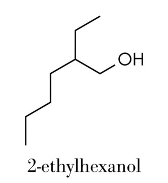 2-ethylhexanol (2-EH) molecule. Used as solvent, fragrance component and chemical precursor. Skeletal formula.