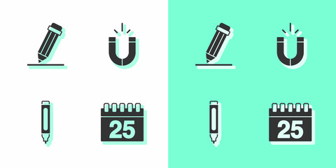 Set Calendar, Pencil with eraser, Marker pen and Magnet icon. Vector
