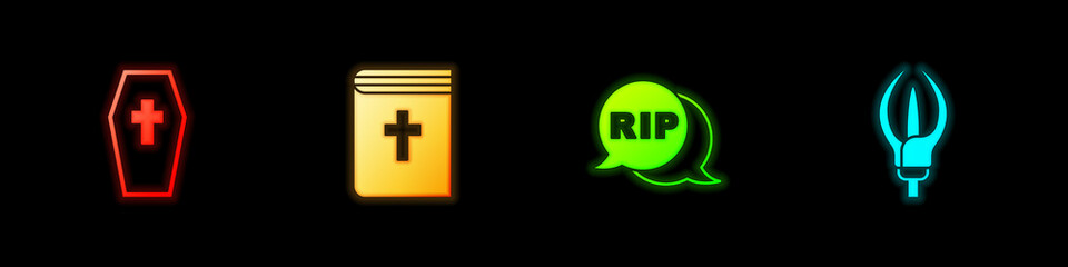 Set Coffin with cross, Holy bible book, Speech bubble rip death and Lily flower icon. Vector