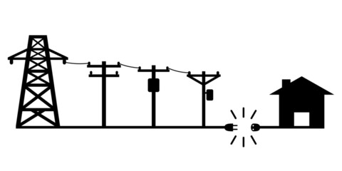 Electric poles to transmit electricity to house or home power failure outage plug and socket unplug black icon on white background flat vector design.