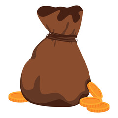 Old textile bag purse filled with gold coins spilled with money. Bag of gold isolated on a white background