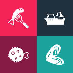 Set pop art Mussel, Fish hedgehog, Fishing boat and Served fish on plate icon. Vector