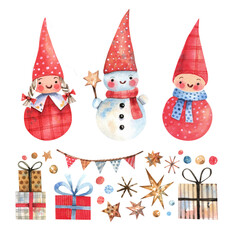 Collection of characters and Christmas elements hand drawn in watercolor. Christmas elves, snowman, gift boxes, stars, snowflakes and festive garlands. Illustration isolated on white background