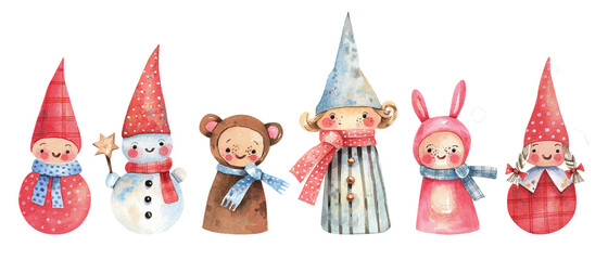 Collection of characters in Christmas costumes hand drawn in watercolor. Snowman, Christmas elf, teddy bear, bunny in winter scarves isolated on white background.