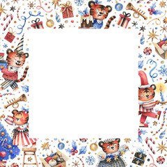 Watercolor frame with Christmas illustrations. Cute characters and elements: tigers in carnival costumes, gifts, snowflakes, Christmas tree, lollipops.  Symbol of the new year