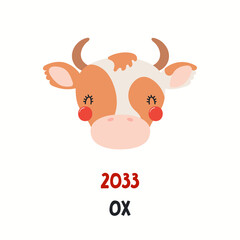 Obraz na płótnie Canvas Cute cartoon ox face, Asian zodiac sign, astrological symbol, isolated on white. Hand drawn vector illustration. Flat style design. 2033 Chinese New Year card, banner, poster, horoscope element.